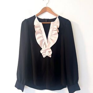 NWT J. Crew Long-sleeve ruffled blouse satin crepe Black/champagne contrast XL
